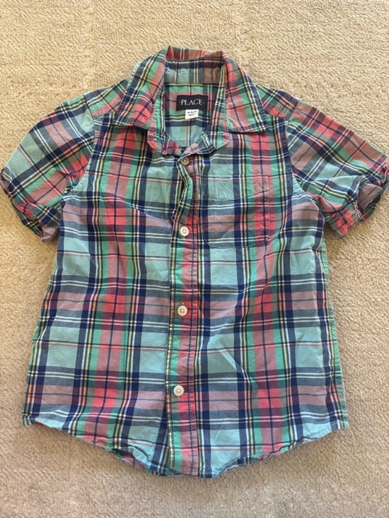 The Children's Place Other - The Children's Place Mint, Navy & Coral Plaid Short-Sleeve Button-Down Shirt